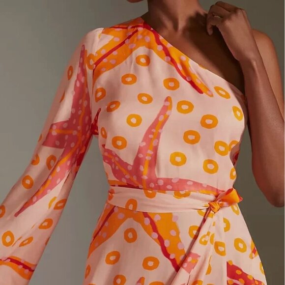 Farm Rio Dress One Shoulder Maxi Long Sleeve Side Slit Starfish Orange New XS - Picture 2 of 7